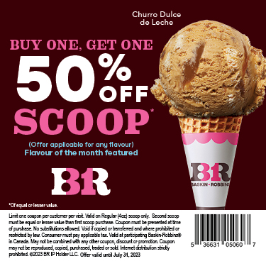 BOGO 50% OFF SCOOP! Get Your Churro Fix with a Sweet Twist! July’s new Flavour of the Month at Baskin-Robbins® Canada: Churro Dulce de Leche! icon