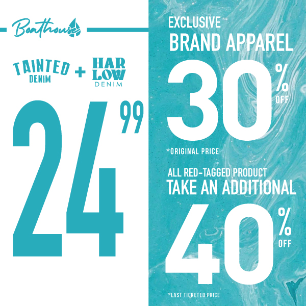 30% off exclusive brand apparel, additional 40% off red ticket items, Tainted and Harlow denim $24.99 icon