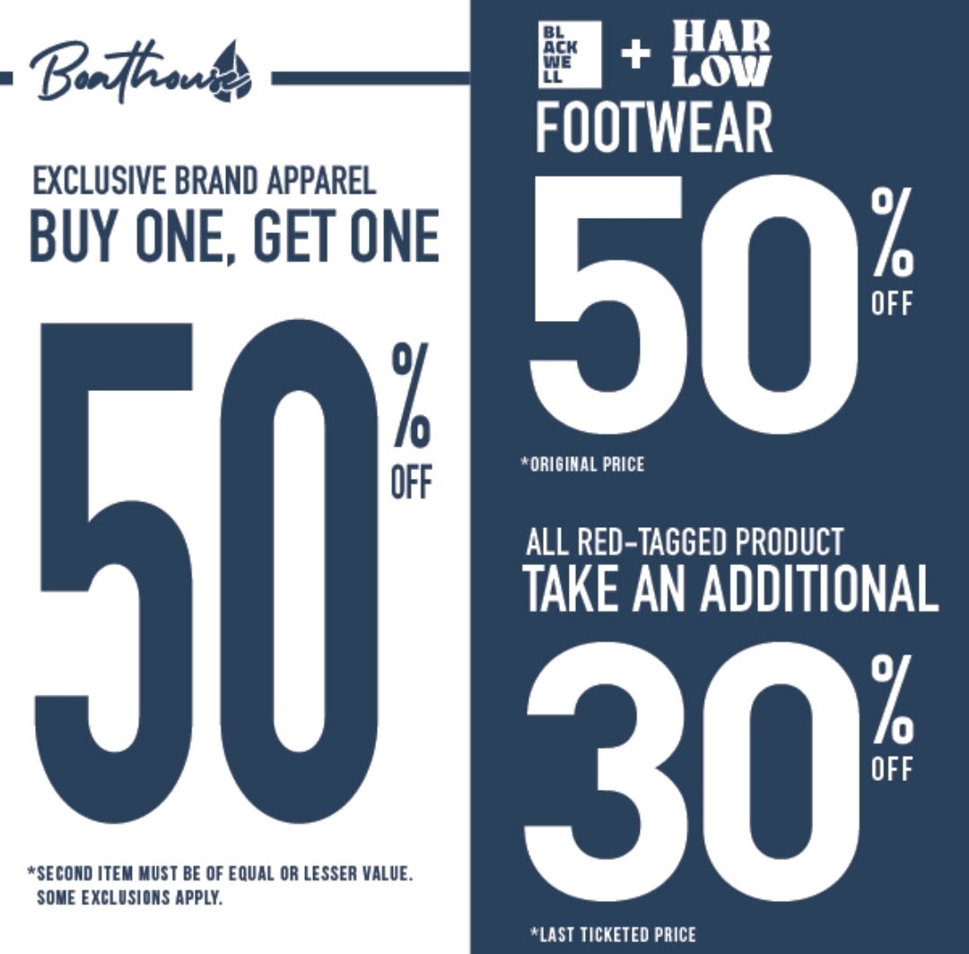 Buy one get one 50% off exclusive brand apparel, additional 30% off red ticket items, 50% off Harlow and Blackwell footwear icon