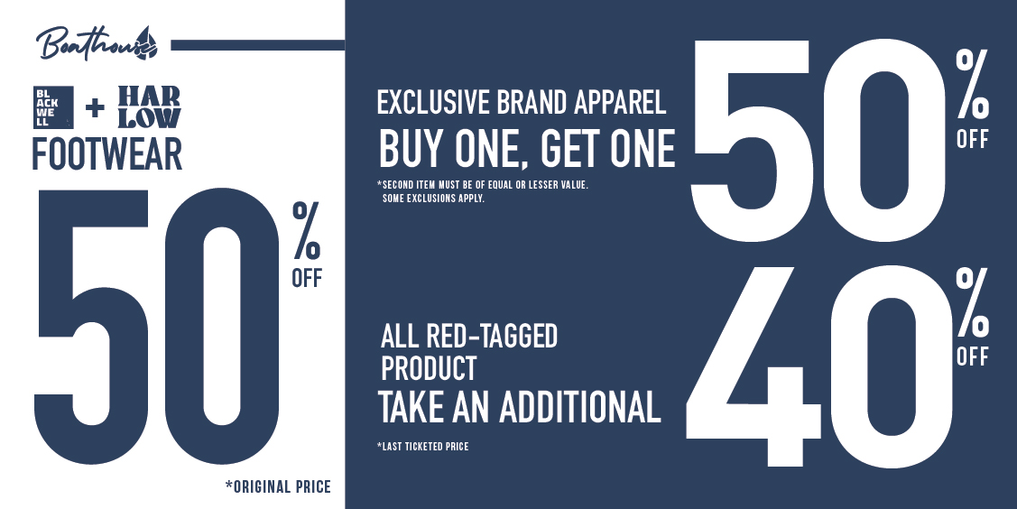 Buy 1 get 1 50% off exclusive brand apparel, 50% off Blackwell and Harlow footwear, additional 40% off red ticket sale item icon