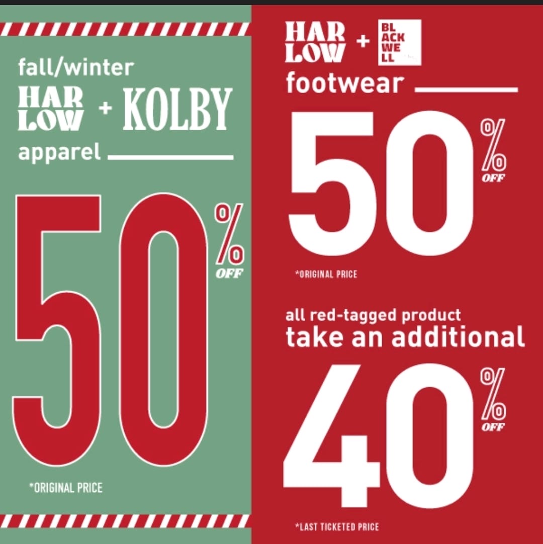 50% off Fall/Winter Harlow and Kolby apparel. 40% off all red ticket sale items icon
