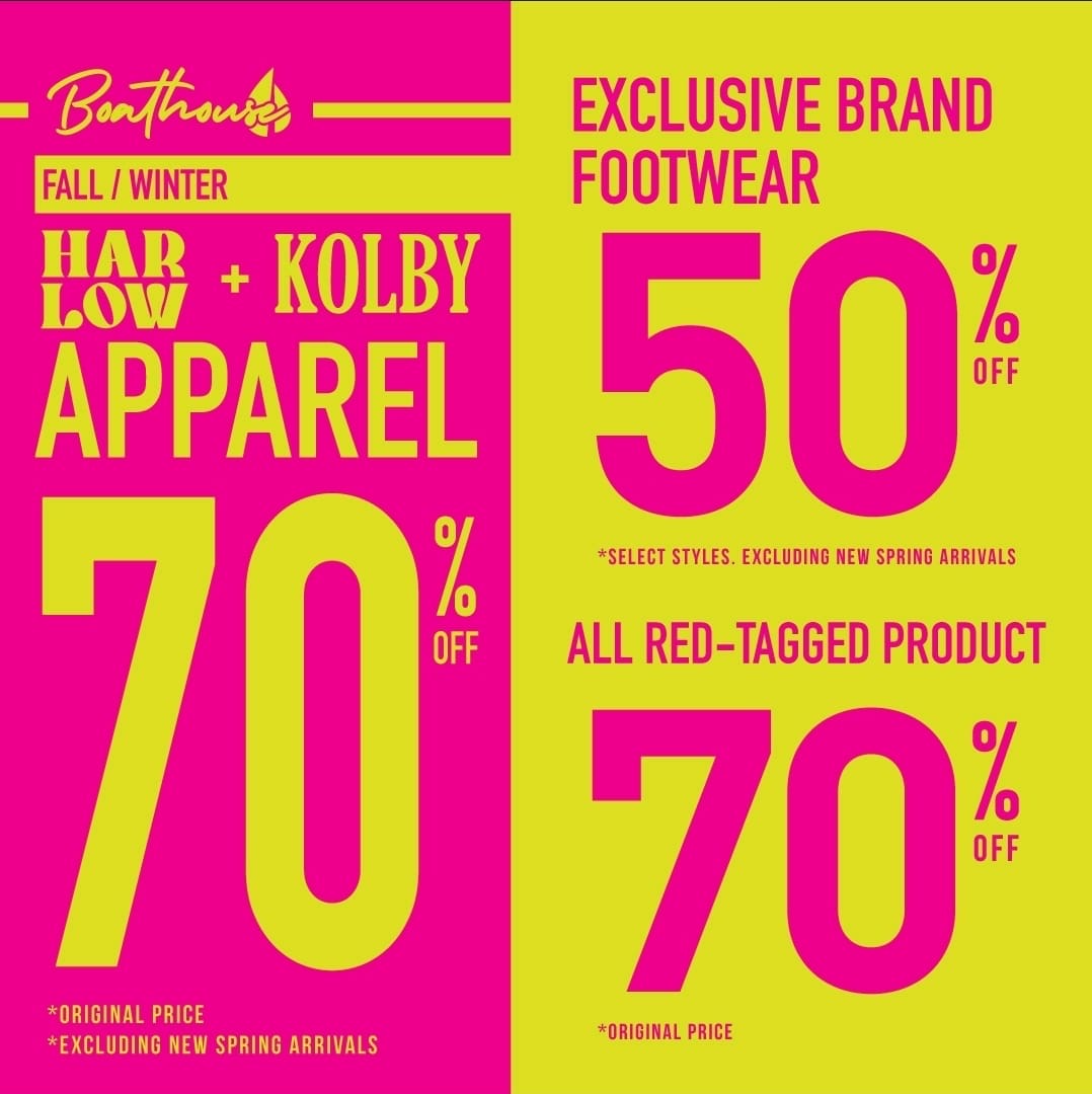 70% off fall/winter Harlow and Kolby. 50% off fall/winter Blackwell and Harlow footwear. All sale items 70% off original price icon