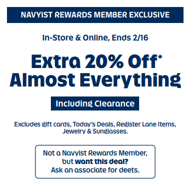 NAVYIST REWARDS MEMBER EXCLUSIVE: Extra 20% Off* Almost Everything icon
