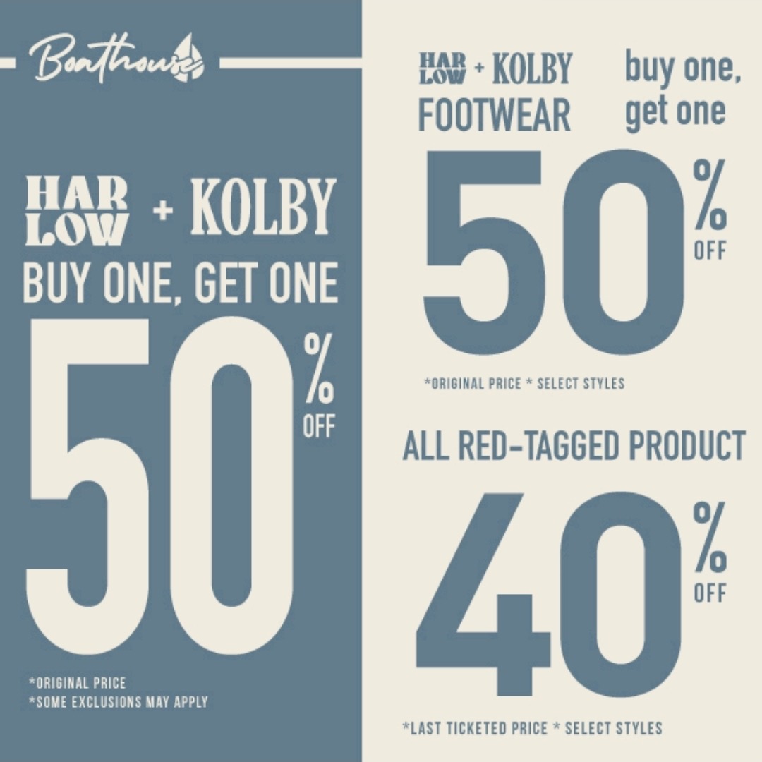 Buy 1 get 1 half off Harlow and Kolby clothing and footwear. All red ticket sale items additional 40% off icon