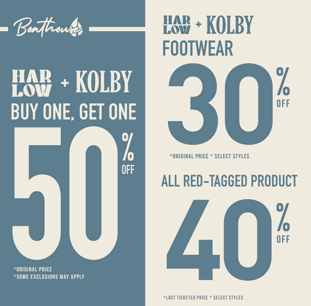 Buy 1 get 1 50% off exclusive brand merchandise, 30% off Harlow and Kolby footwear, additional 40% off red ticket sale items icon
