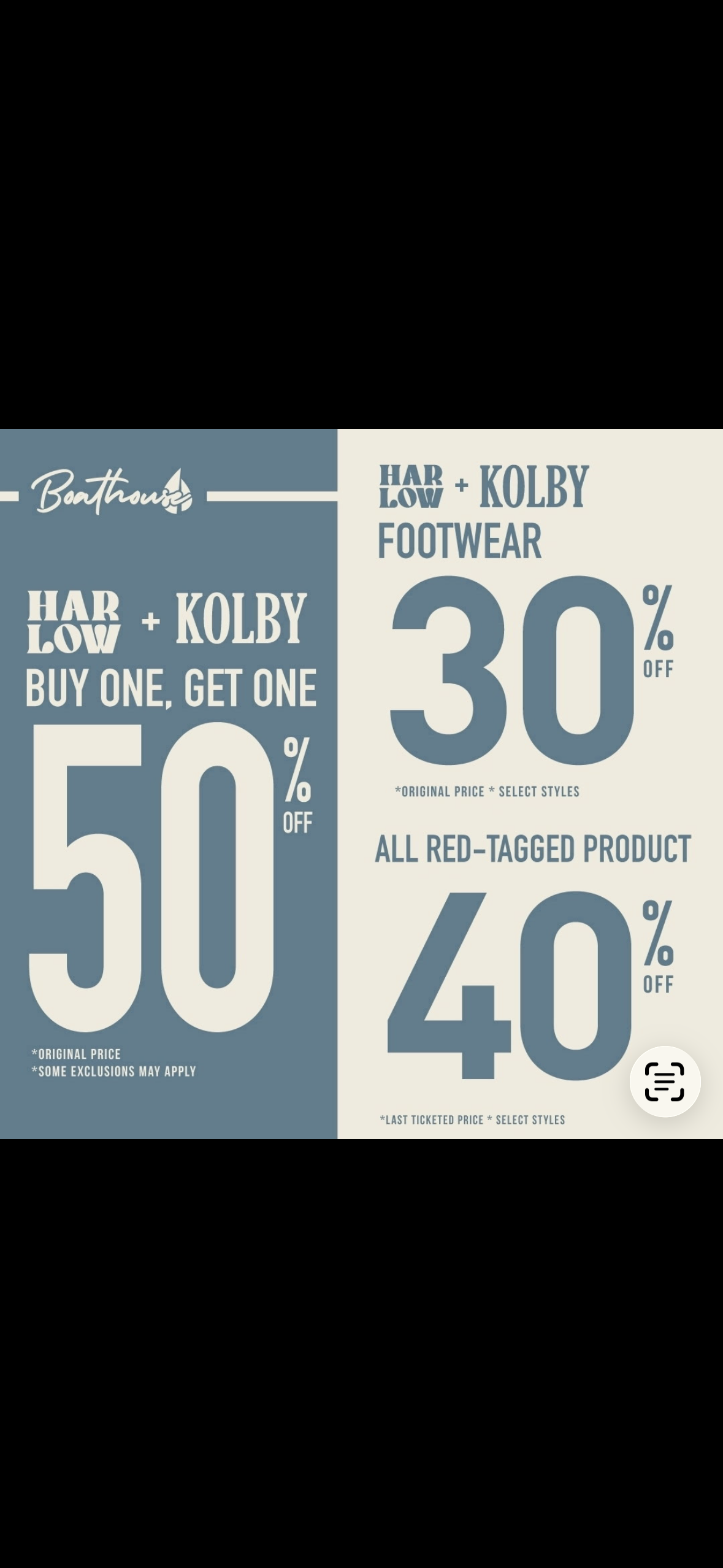 Buy one get one 50% off our exclusive brand apparel, 30% off Harlow and Kolby footwear, additional 40% off all red ticket sale items icon